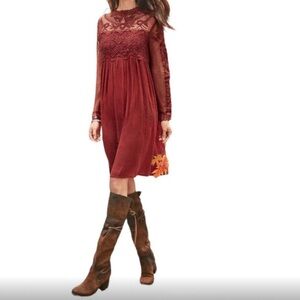 Sundance Burgundy High Neck Lace Yoke Boho Dress Long Sleeve Sz 8 🧡